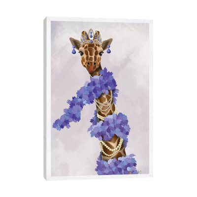 Giraffe With Purple Boa I - Floater Frame Print on Canvas