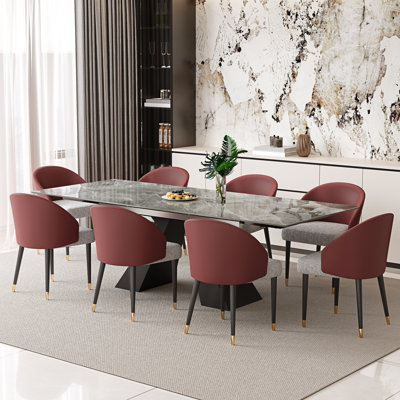 94.5”  Extendable Dining Table Set With Rectangular Sintered Stone Top And 8 Faux Leather Chairs