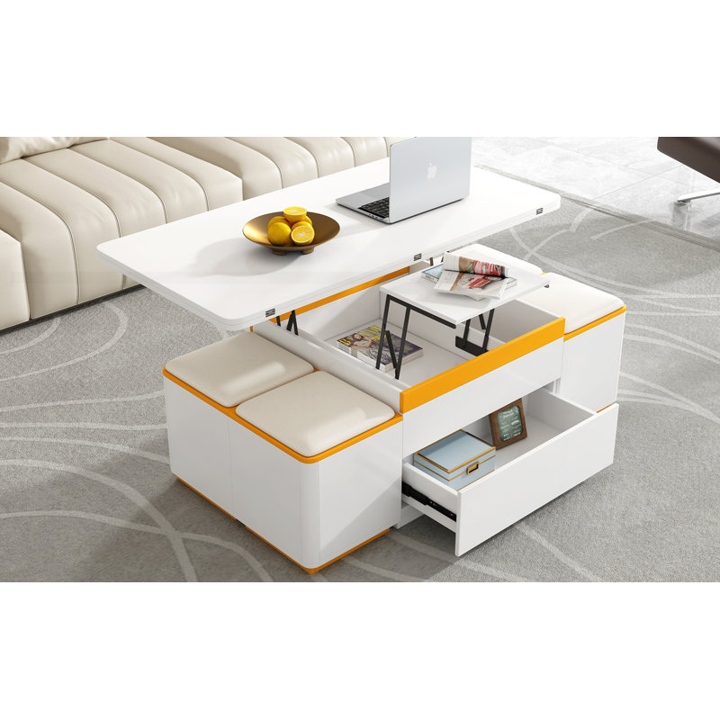 Lift-Top Coffee Table with 4 Storage Stools, White