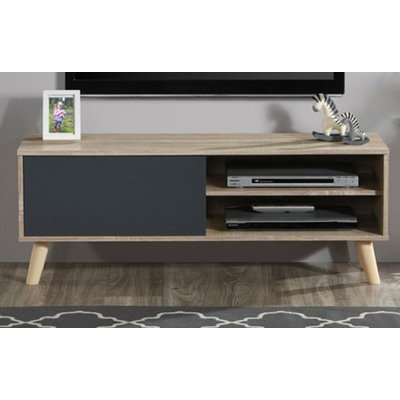 Meuble télé contemporain imitation bois 119 cm (47 po) pour téléviseurs de 127 à 140 cm (50 à 55 po), 2 étagères, 1 placard, naturel/gris