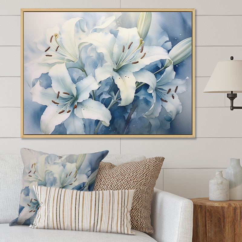 Serenade of Blue Lilies Dreams - Art mural lys, H 34 po x l 44 po x P 1,5 po, Cadre simple blanc