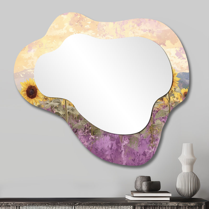 Lavande, tournesol champ I - tournesols, miroir asymétrique irrégulier, miroir mural traditionnel, imprimé sur métal