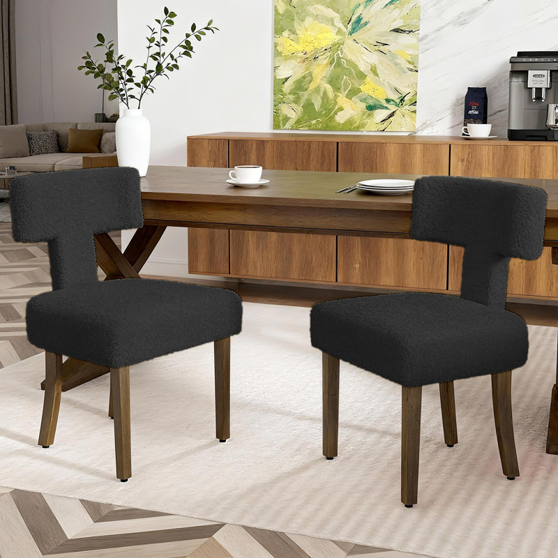 Mid-Century Modern Wood Dining Chairs Set Of 2, Upholstered Boucle Side Chair, Sherpa Accent Chairs Armless For Kitchen Dining Room