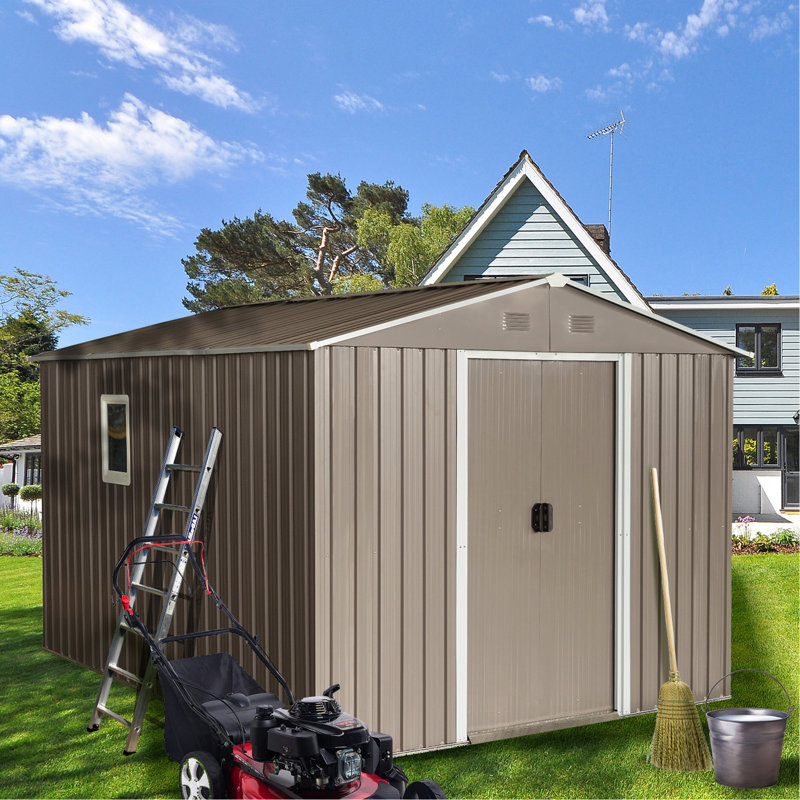 Grey 8ft X 10ft Metal Storage Shed With Foundation - Robust Galvanized Steel Build, Window, Punched Vents For Optimal Ventilation, Sliding Doors Padlock Easy Assembly Instructions Outdoor Door, And