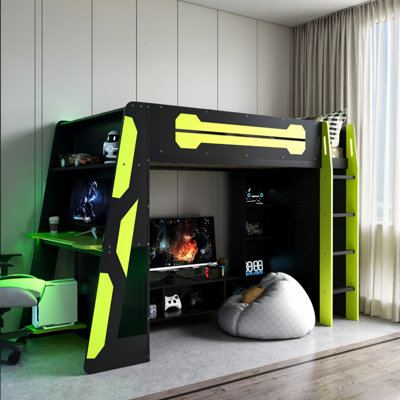 Lit mezzanine simple avec bureau intégré, tablette de rangement et lumière