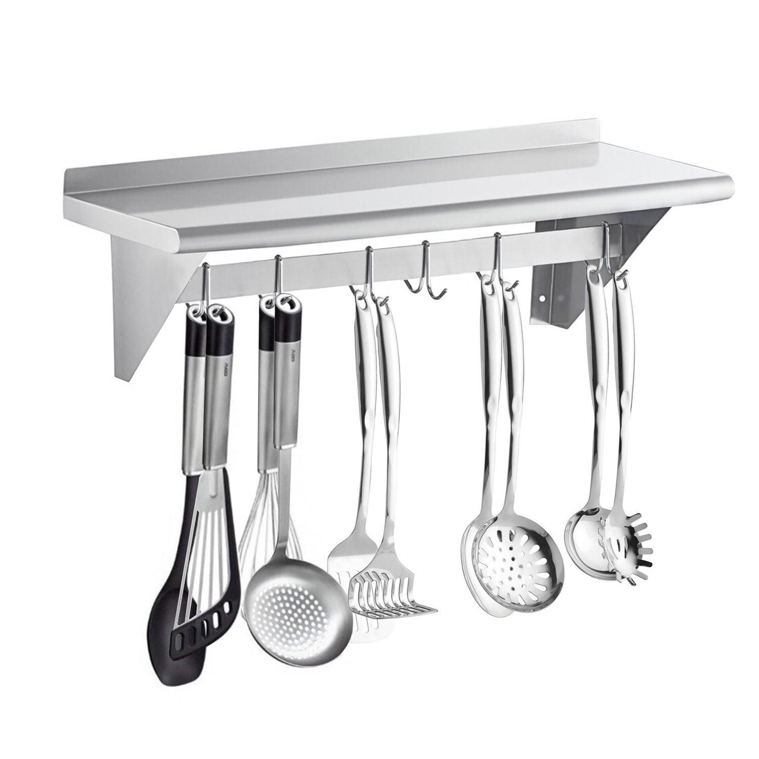 Stainless Steel Wall Mount Pot Rack Shelf with 18 Hooks Restaurant Supply Depot Size: 11 H x 72 W x 12 D