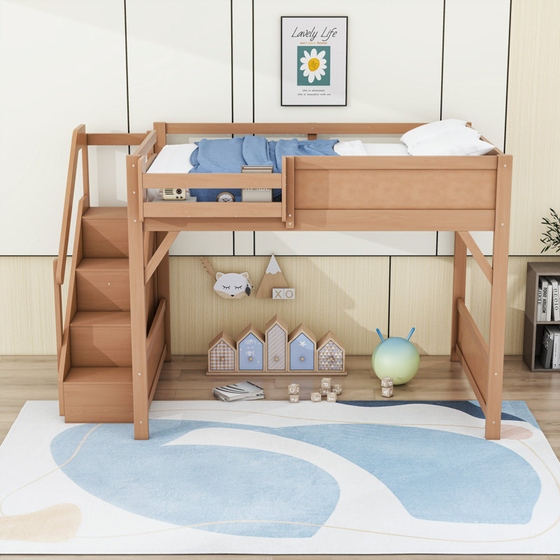 Lit mezzanine avec penderie et tablettes intégrées, Naturel foncé, Lit double
