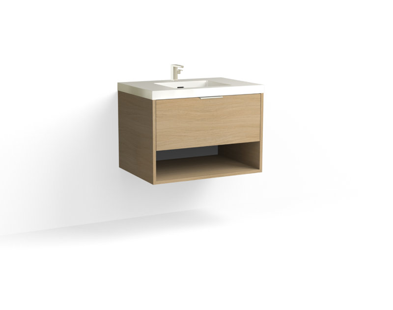 Modo 30" W Wall Mounted Single Bathroom Vanity, Glossy White/8" Widespread, Biondo, Polished Nickel
