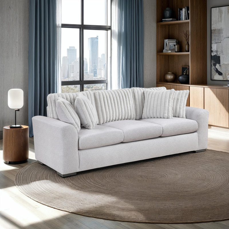 Rufus 91.5" Modern & Contemporary Two Textured Upholstery Microfiber and Corduroy Sofa with Versatile Reversible Configuration, High-Density Foam over Pocket Coils