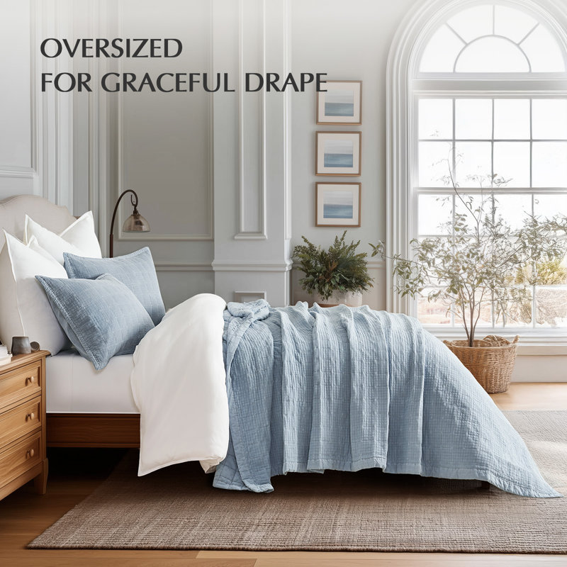 Stonewashed Crinkle Cotton Box Stitch Quilt Set, Blue Linen, Queen Quilt + 2 Queen Shams