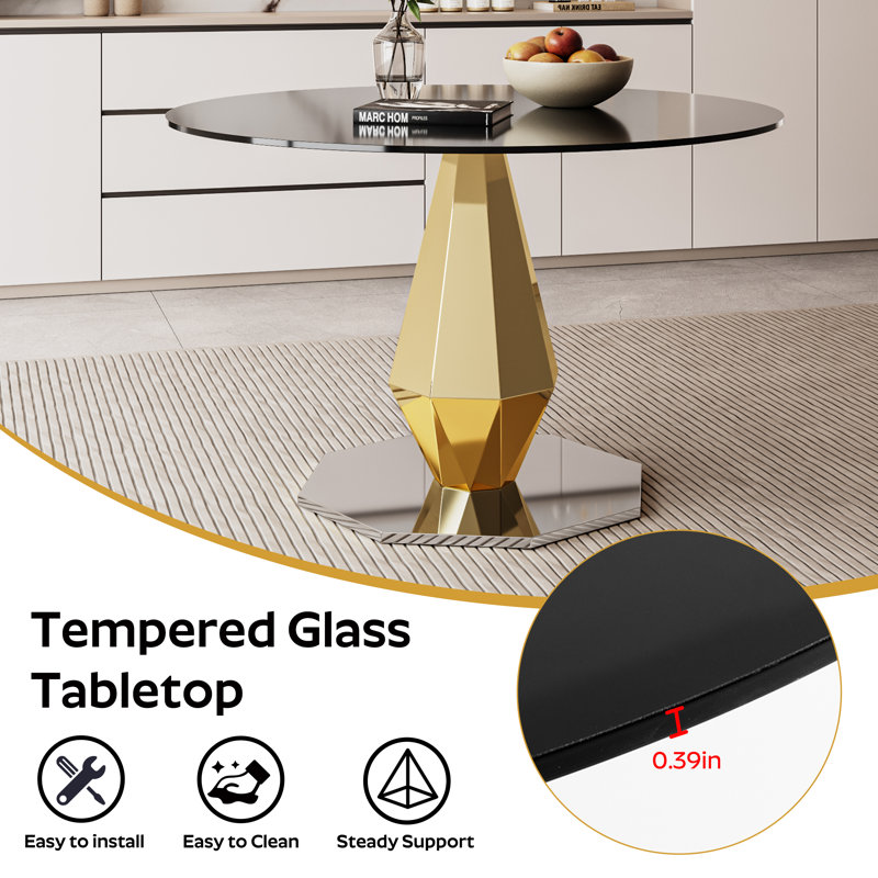 Round Pedestal Tempered Glass Dining Table, 29.50"H x 39"L x 39"W, Gold