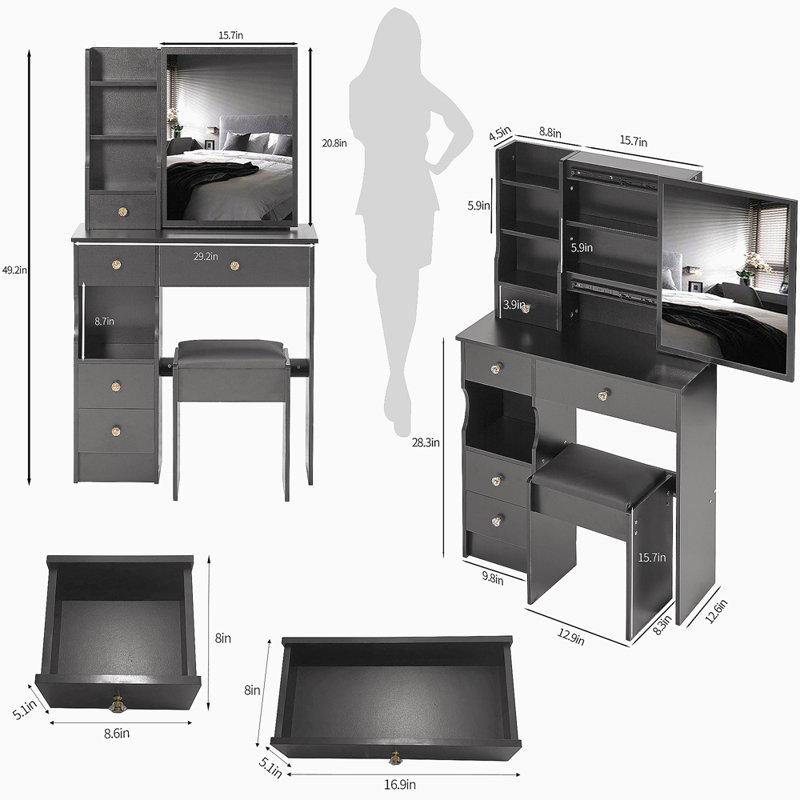 Small Left Drawer Desktop Vanity Table + Cushioned Stool, Extra Large Sliding Mirror, Multi Layer, High Capacity Storage Fashionable Dresser, Suitable For Small Space, EPA,GCC,UL Certificate