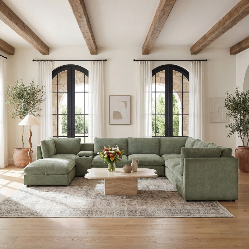 Canapé modulaire rembourré en chenille 8 pièces Parkton avec repose-pieds et porte-gobelet en forme de U Parkton, Green