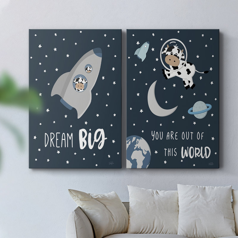 Vache dans l'espace I - Toile tendue avec châssis de qualité supérieure - Prêt à être accroché, H 48 po x l 64 po