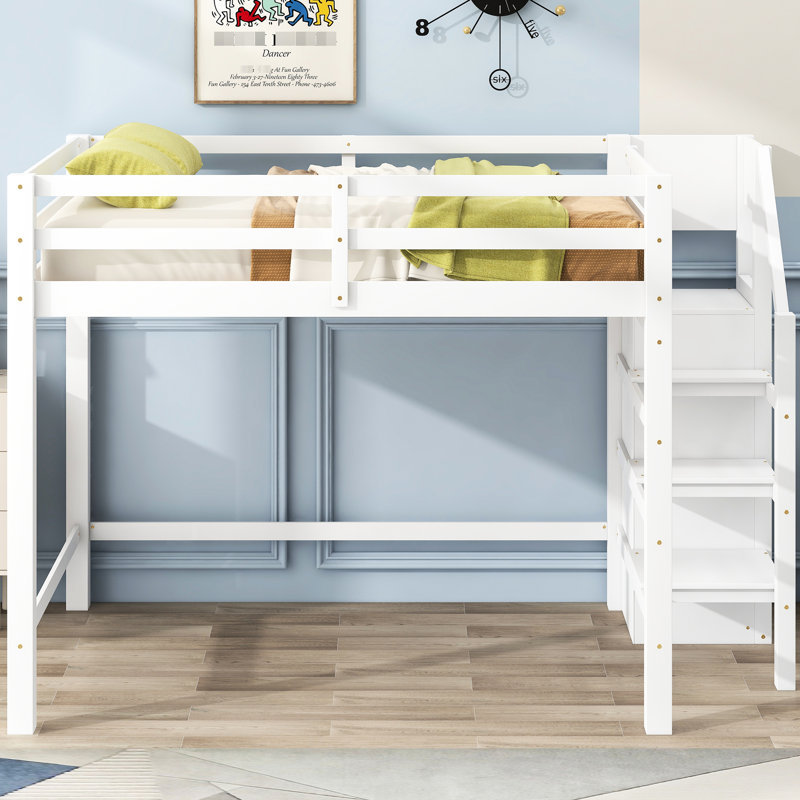 White Full Size Loft Bed With Integrated Storage And Staircase - Strong Pine Wood Construction For Bedroom Size Built-In Wardrobe