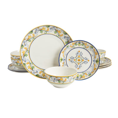 Sur La Table Plates and Bowls Set, 12 Piece Dinnerware Set for 4, Decorated — New Bone China Ceramic Dishes and Dishware, Italian Mediterranean Style, Chip Resistant, Dishwasher and Microwave Safe, Everyday Kitchen Table Setting