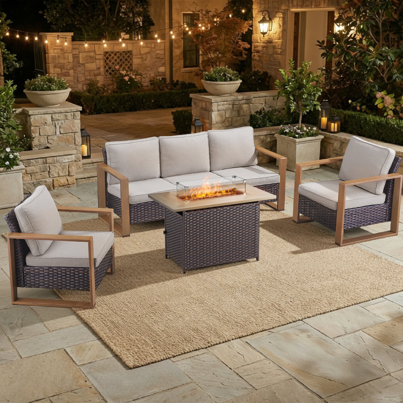Ensemble de conversation pour foyer d'extérieur moderne en rotin 4 pièces avec canapé et fauteuil, Beige, Brun