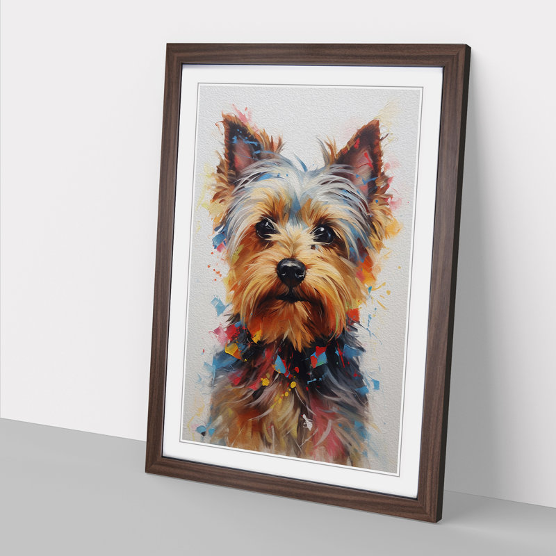 Yorkshire Terrier Hard Edge Painting - Single Picture Frame Print on Wood, 34cm H x 25cm W x 2cm D, Walnut