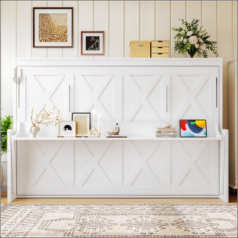 Lit escamotable double avec bureau intégré, charge USB, lumières DEL pour un gain de place moderne, Lit double, Blanc
