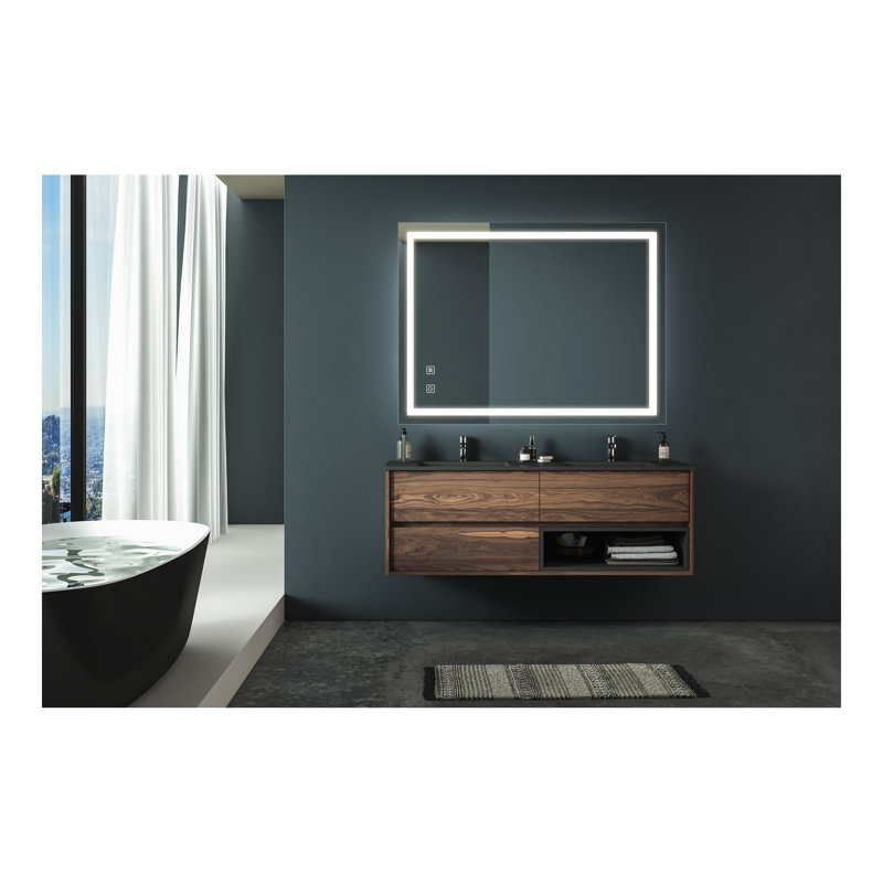 Miroir de salle de bain pour salle de bain avec fond de panier, lumière intense, intensité variable, contrôle de l'interrupteur mural, antibuée, IRC 95 réglable 3000K-4500K-6000K, étanche IP54 vertical et horizontal