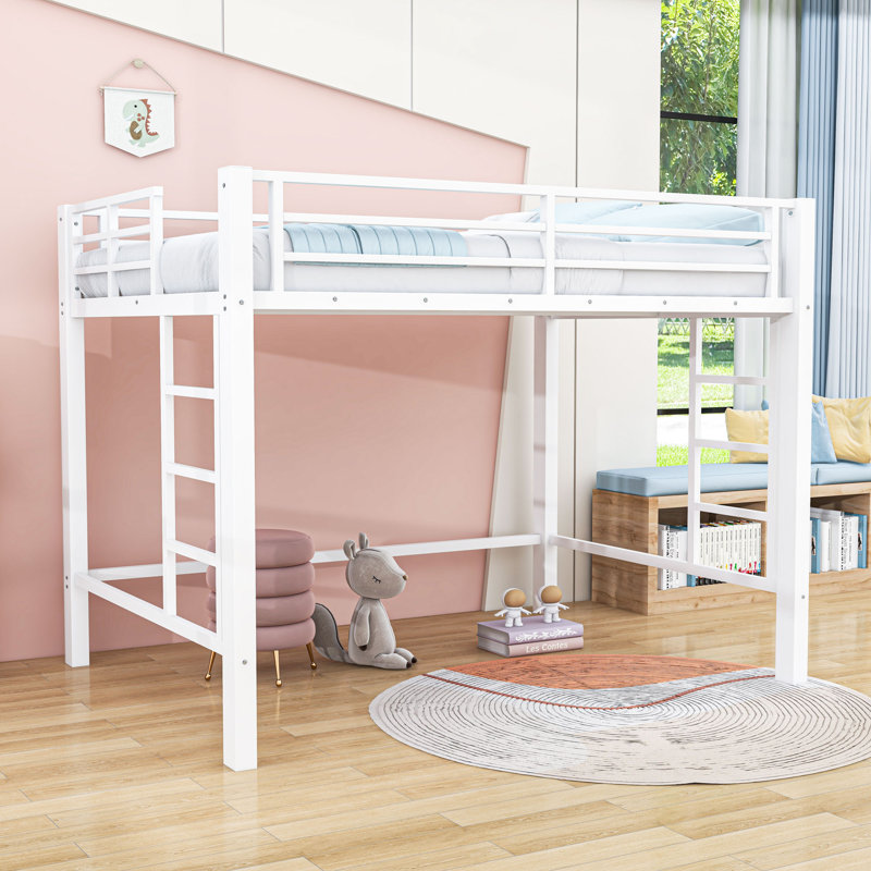 Metal Loft Bed with Guardrails, Queen