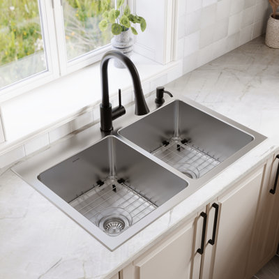 Karran Lansen 33" Top Mount 18 Gauge Double Bowl Stainless Steel Sink with Accessories