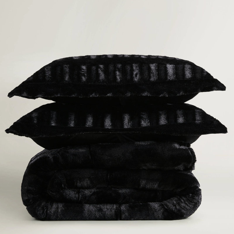 3 édredons en fausse fourrure de couleur unie noire très grand / très grand, 2 taies décoratives, cousues bout à bout, séchage par culbutage à basse température séparément, mini noir, rembourrage, taies décoratives avec bride de pouce, séchage