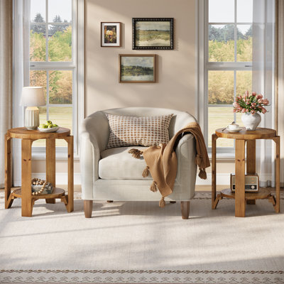 Solid Wood End Table Set Of 2, 2-tier Round Side Table For Living Room, Bedroom