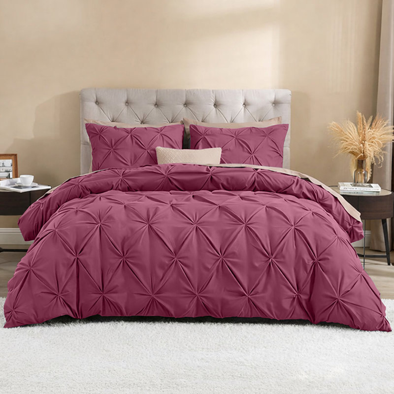  Luxurious Microfiber Pintuck Design Duvet Cover With Pillowcases , Burgundy, Double Duvet Cover + 2 Standard Pillowcases