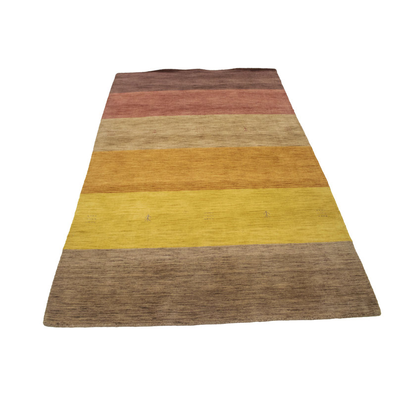 Tapis rayé multicolore en laine tissé à la main, Rectangle 5 pi x 8 pi
