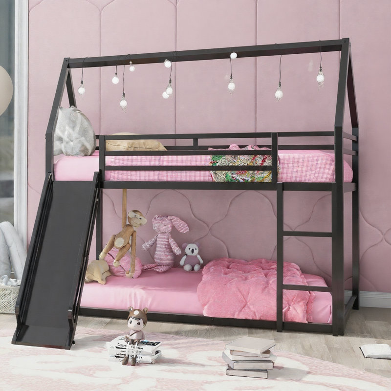 Lit superposé simple au-dessus de simple pour enfants - noir, échelle et toboggan, lit amusant peu encombrant, Noir