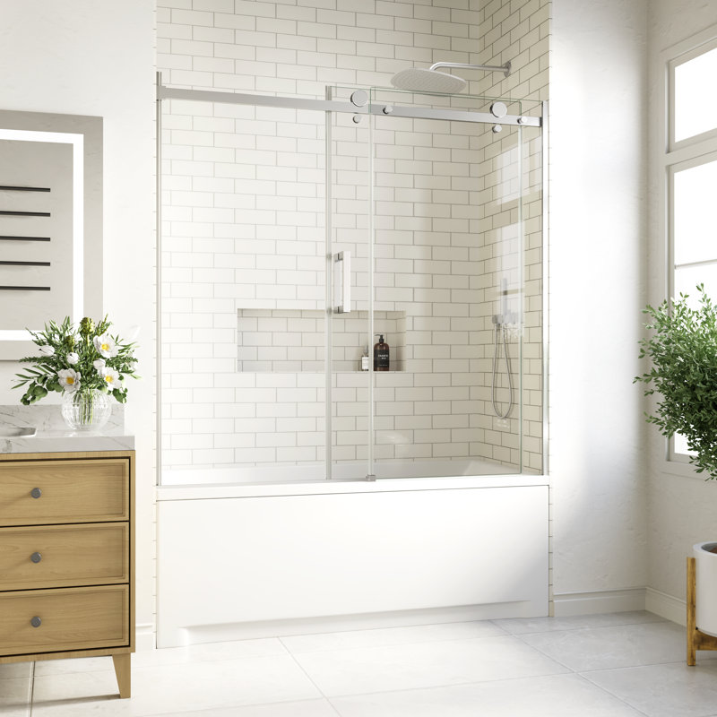 60 in. W X 58 in. H Single Sliding Frameless Tub Door with 5/16 in. (8mm) Clear Glass, Chrome
