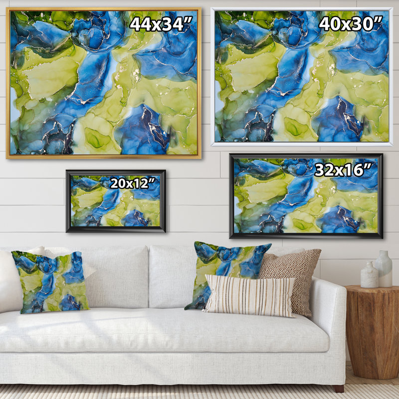 «Blue and Green Luxury Abstract Fluid», peinture sur toile, Cadre flottant blanc, H 30 po x l 40 po x P 1,5 po