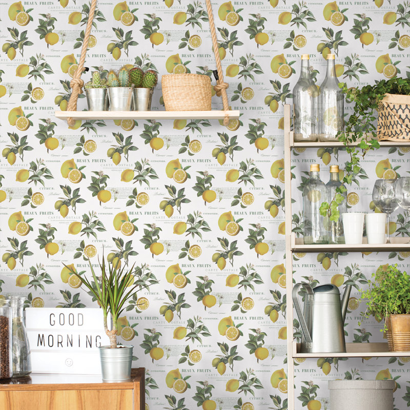 Satanta Citron Botanical Tree Leaf 10m X 53cm Wallpaper Roll, Yellow/Green/White