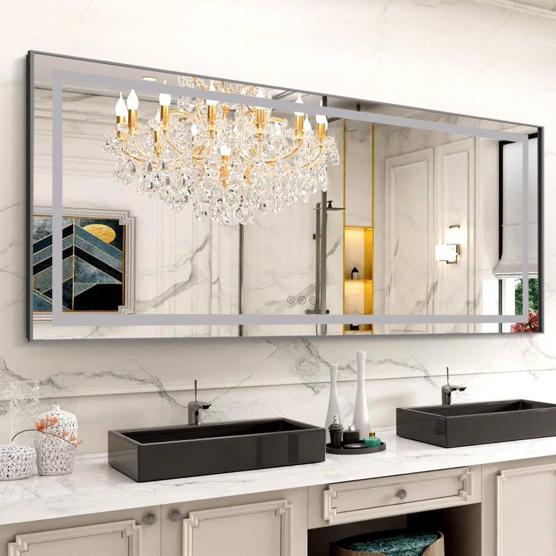 Miroir de meuble-lavabo avant et rétroéclairé à cadre en aluminium, antibuée / gradation continue / réglable en 3 couleurs
