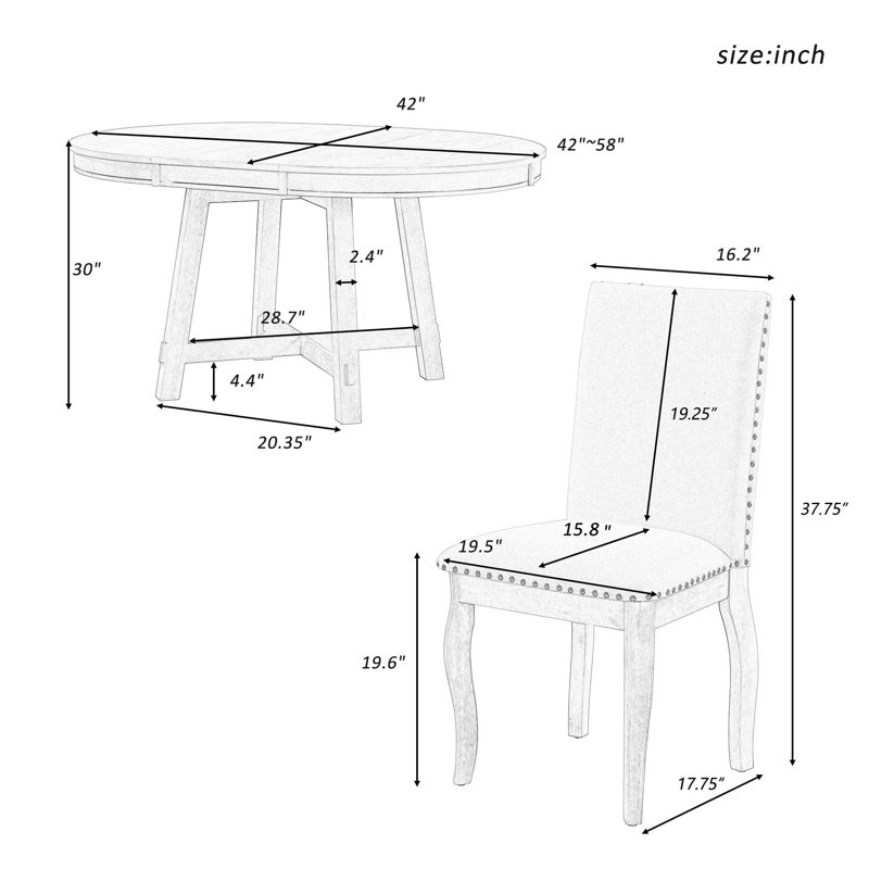 Ensemble de table de salle à manger à rallonge 5 pièces en bois rond et 4 chaises rembourrées, Espresso, Beige, Espresso