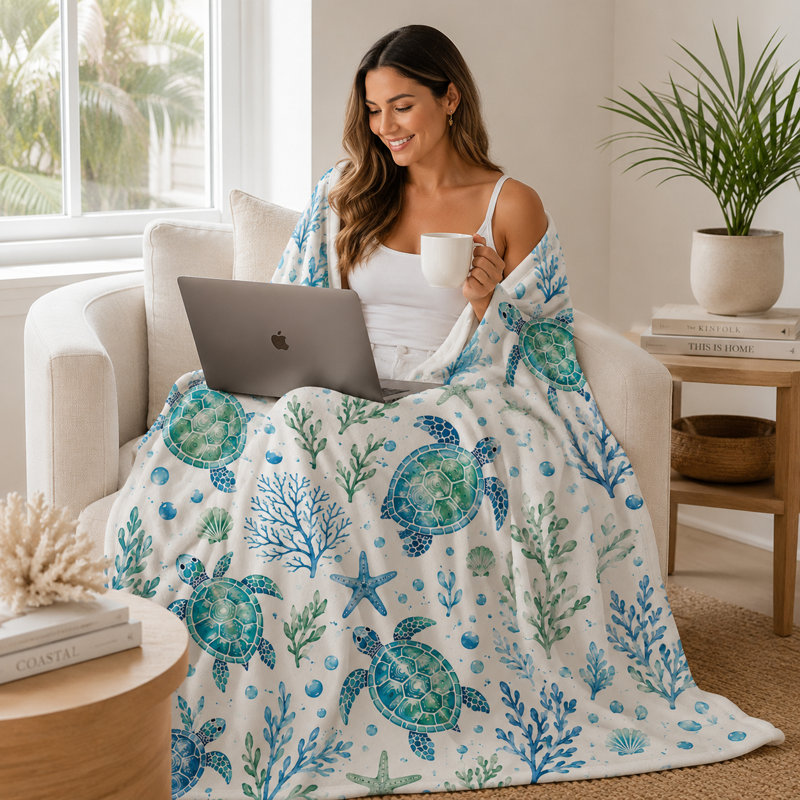 Blue Green Sea Turtle Flannel Throw Blanket, Watercolor Coral and Starfish Print for Couch, Bed, Coastal Room, Reading, Travel and Everyday Relaxing, 40 x 50 in