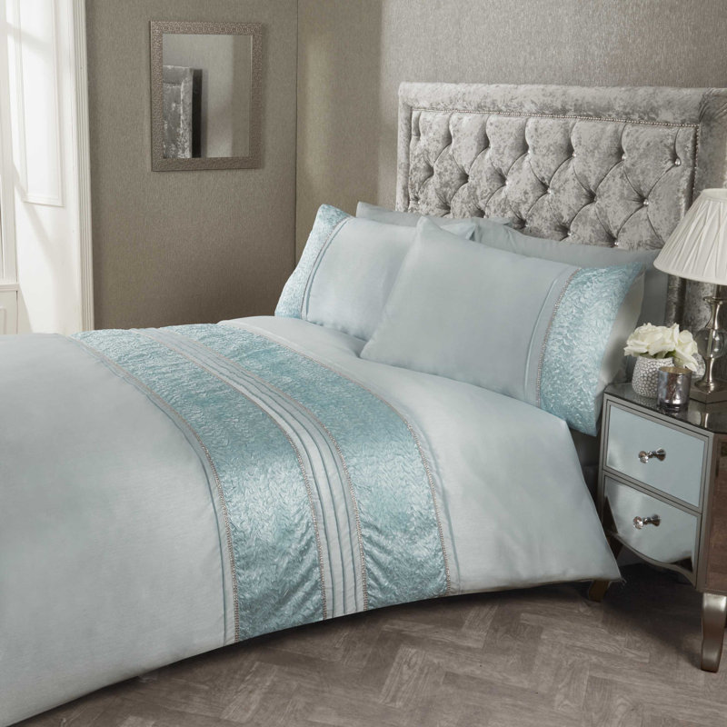 Hisako Satin Striped Duvet Cover with Pillowcases, Duck Egg, Super King Duvet Cover + 2 Standard Pillowcases