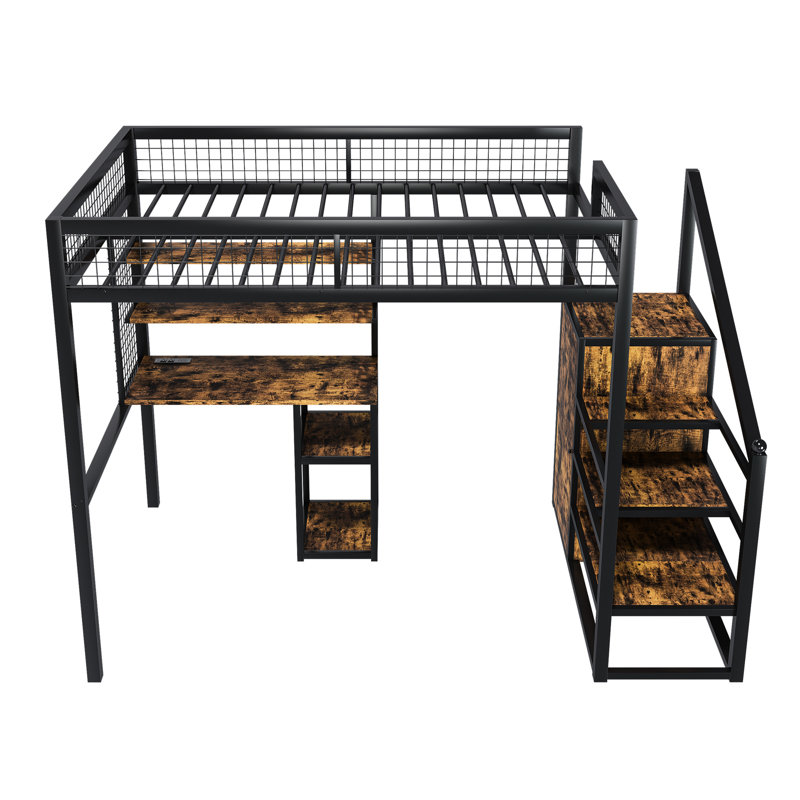 Espace - Lit mezzanine de taille efficace avec tablettes ouvertes, station de charge et design, noir conçu en métal massif