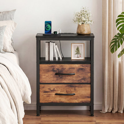 Carlisa Nightstand with Charging Station and Fabric Drawers, Bedside Table with USB Ports and Outlets, End Table with Open Shelf