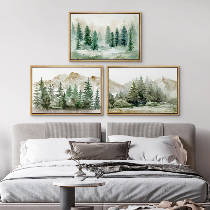 Misty Forest Green Pine Tree Canvas Triptych Wall Art