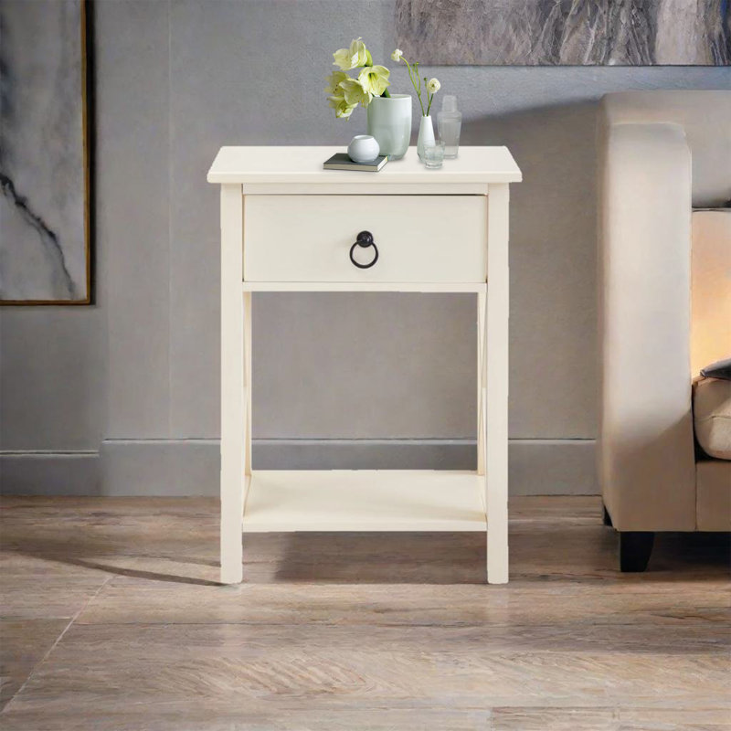 Cream Solid Wood Nightstand with Drawer and Shelf