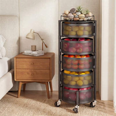 Large Black Five-Tier Rotating Storage Trolley With A Metal Lid And Wire Basket; Suitable For Storing Fruits, Vegetables, And Bread; Wheeled Design For Easy Movement.