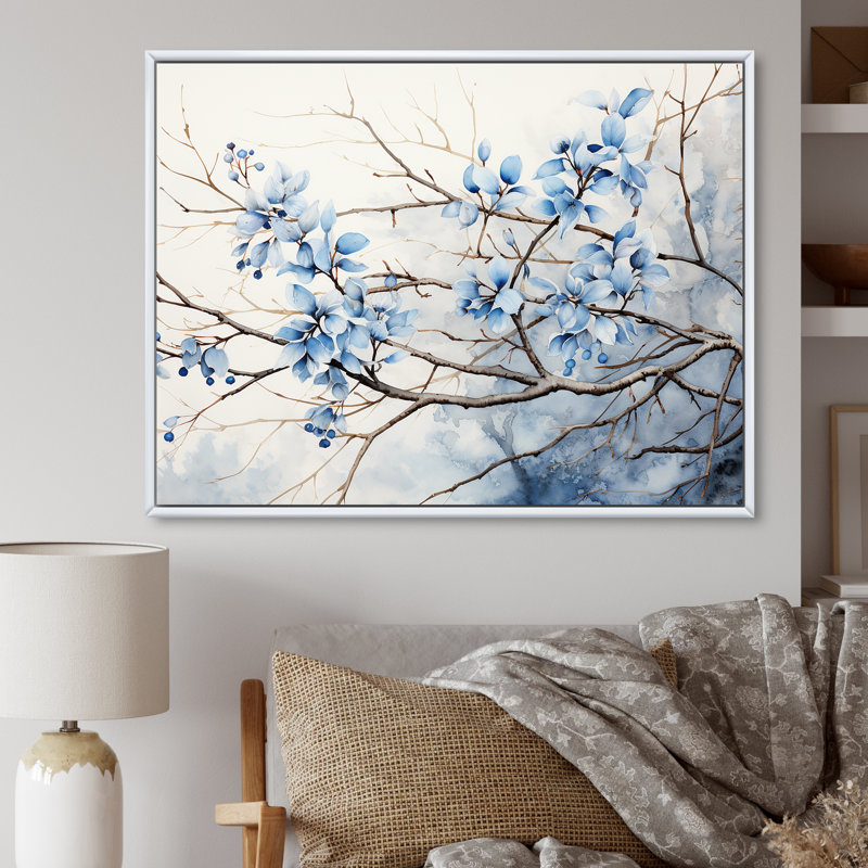 Art sur toile, feuilles bleues et grises, Cadre flottant blanc, H 16 po x l 32 po x P 1 po