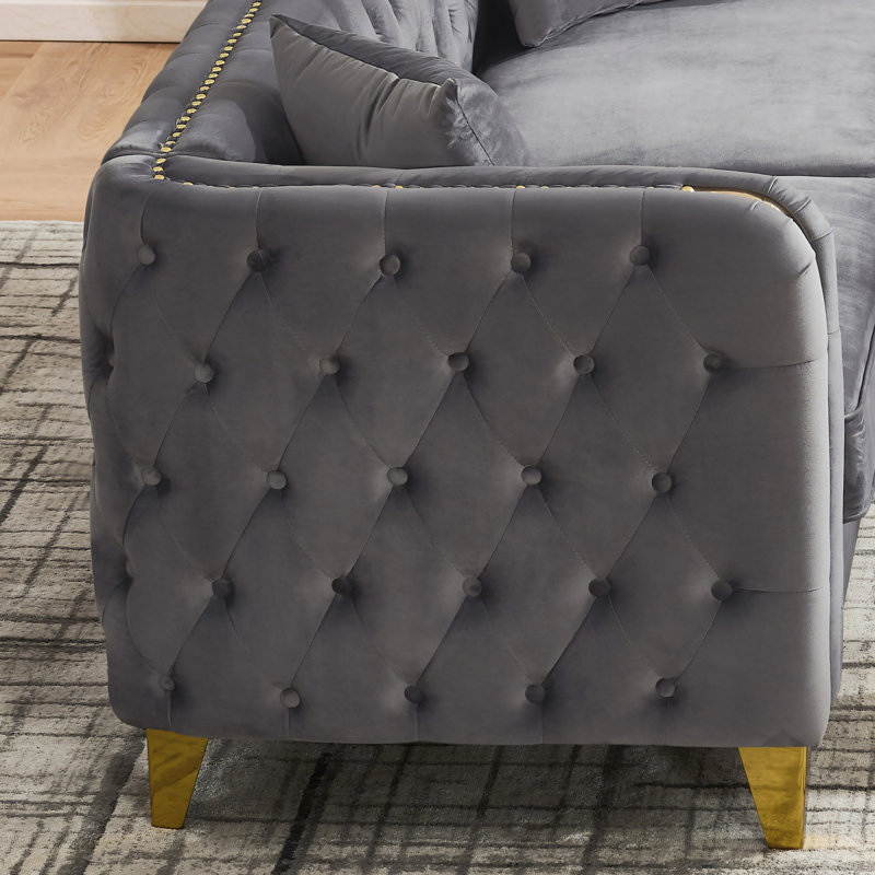 Ensemble de canapé de salon 2 pièces en velours avec accoudoirs et têtes de clou, Gris