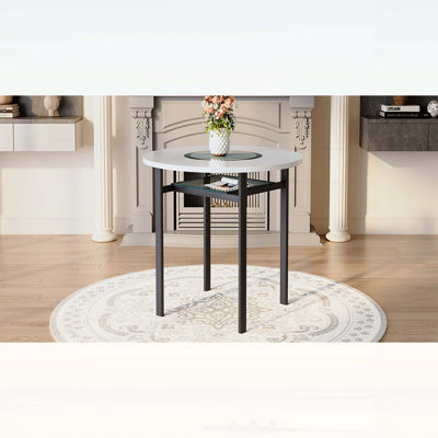 Table de salle à manger ronde blanche moderne et minimaliste de 107 cm (42 pouces) avec incrustation de verre gris et support métallique stable, idéale pour 4 à 6 personnes dans divers environnements.