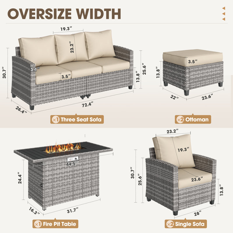 6-Piece Patio Furniture Set with Gas Fire Pit Table, PE Wicker Outdoor Conversation Set with 3-Seat Sofa, 2 Armchairs and Ottomans, Outdoor Patio Furniture for Backyard & Porch