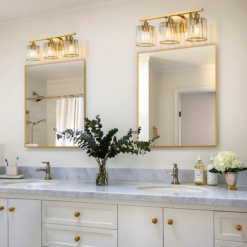 3-Light Dimmable Vanity Light with Cylinder Glass Crystal Shade, Gold