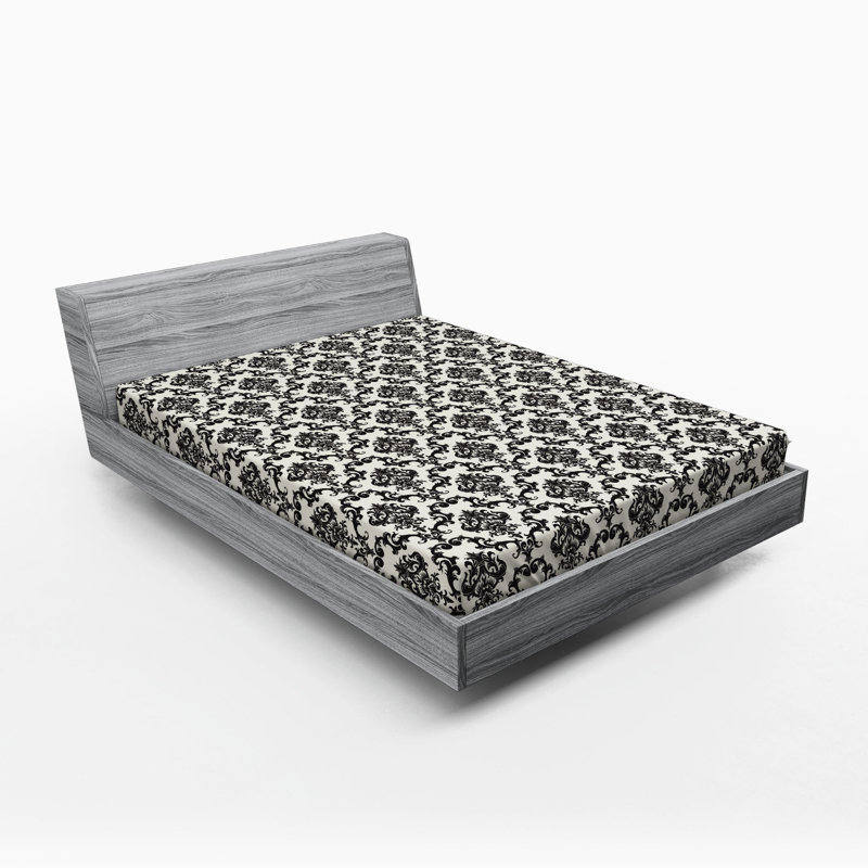 Microfiber Damask Fitted Sheet, Full Fitted Sheet, Black/Beige