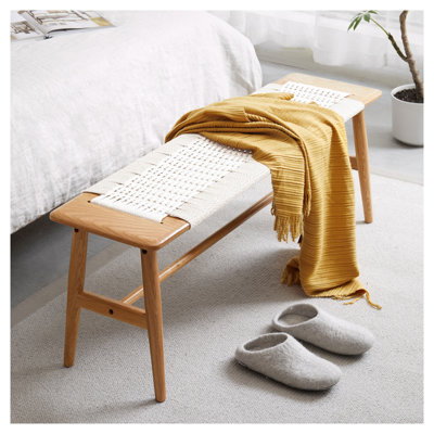 Banc en bois de chêne massif de 31,5 pouces avec siège en bois de canne tissé à la main, tabouret de salle à manger ou de vestibule à finition blanche